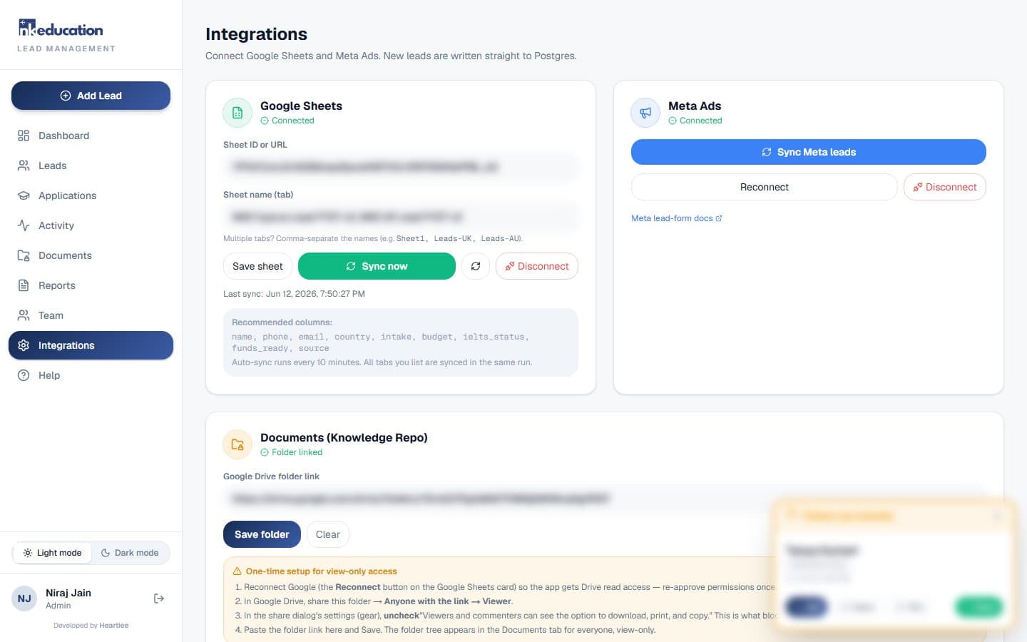 NK Education — Lead Management — Integrations