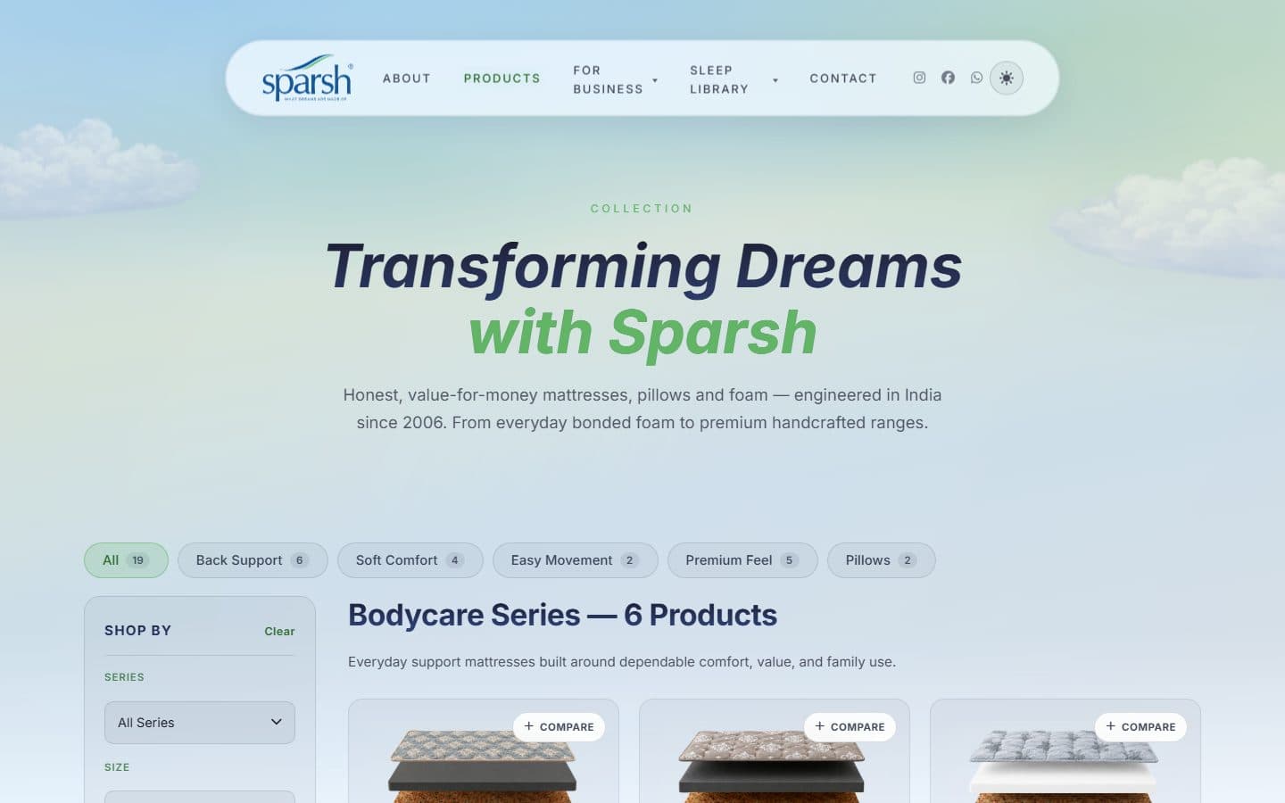 Sparsh Mattress — Light mode · the same catalogue by day