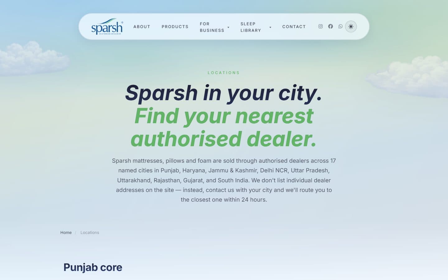 Sparsh Mattress — Light mode · dealer finder